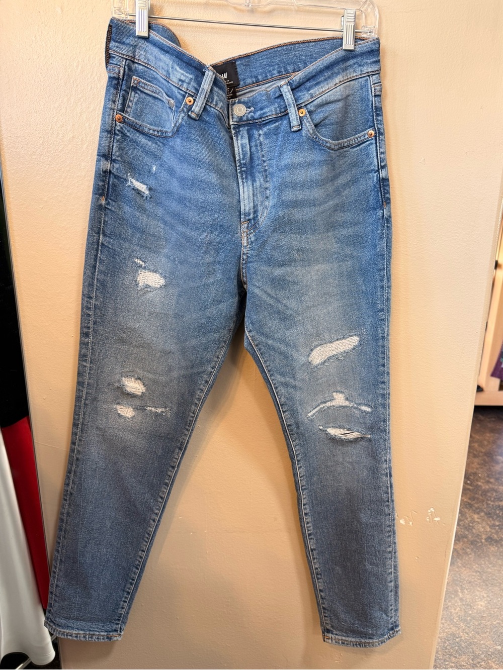 H&M Skinny Fit Jeans Size 34 Blue Distressed Ripped Denim